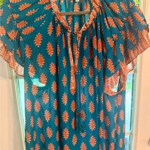 Rose & Olive Teal Boho Blouse with Orange Print